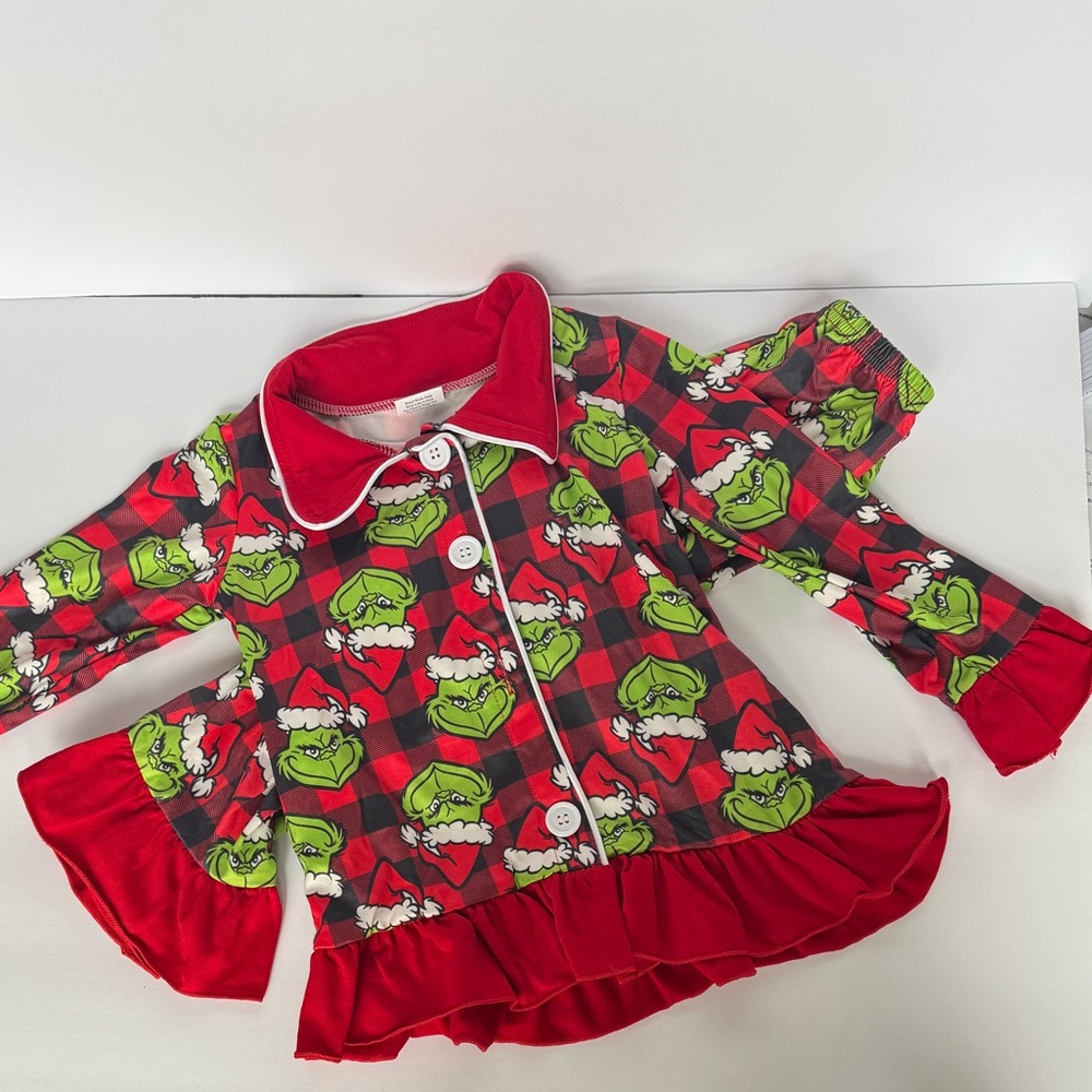 Grinch 2 Piece L/S Plaid Top Bell Pants Christmas Holiday Girls Size M (3T) NWOT